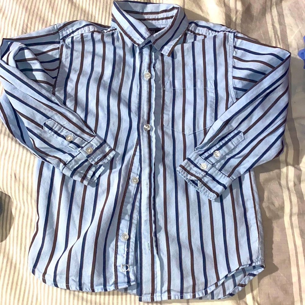 Blue long sleeve shirt/navy blue and brown stripes